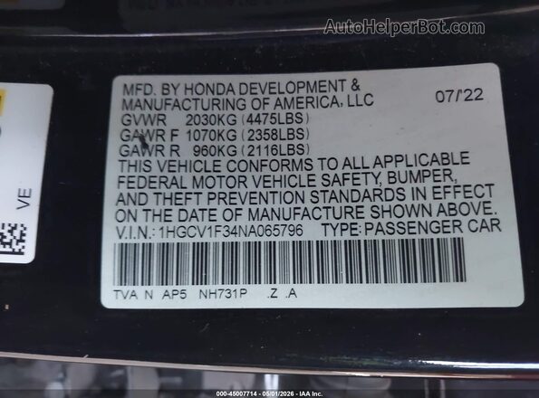 1HGCV1F34NA065796 2022 HONDA ACCORD Black Вид підкапотного простору