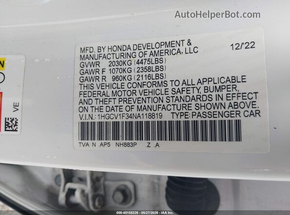 1HGCV1F34NA118819 2022 HONDA ACCORD Белый Вид подкапотного пространства