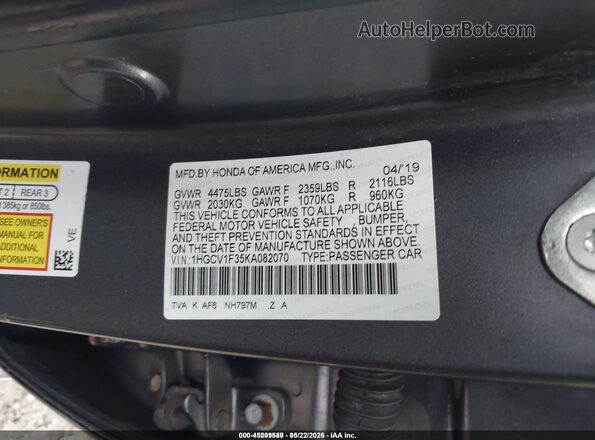 1HGCV1F35KA082070 2019 HONDA ACCORD Gray Vista del compartimento del motor