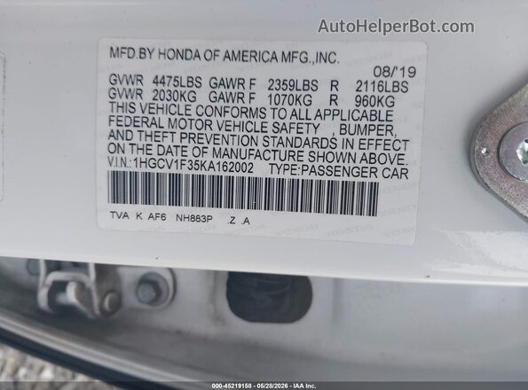1HGCV1F35KA162002 2019 HONDA ACCORD White Շարժիչի բաժամունքի տեսք
