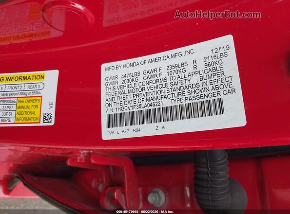 1HGCV1F35LA046221 2020 HONDA ACCORD Red Շարժիչի բաժամունքի տեսք