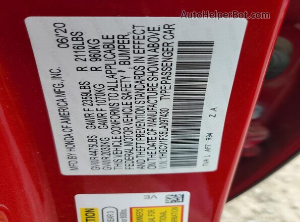 1HGCV1F35LA097430 2020 HONDA ACCORD Red VIN կոդի պիտակի տեսք