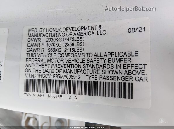 1HGCV1F35MA096912 2021 HONDA ACCORD White Շարժիչի բաժամունքի տեսք