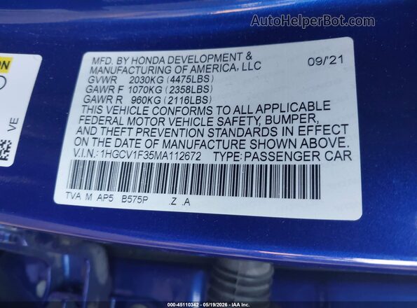 1HGCV1F35MA112672 2021 HONDA ACCORD Blue Vista del compartimento del motor