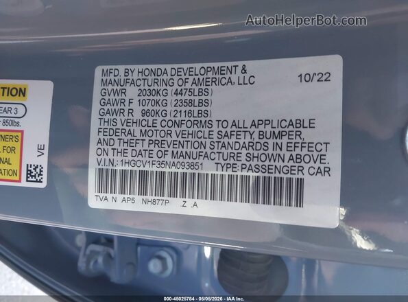 1HGCV1F35NA093851 2022 HONDA ACCORD Blue Engine compartment view