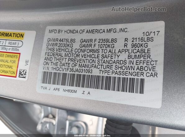 1HGCV1F36JA031093 2018 HONDA ACCORD Gray 