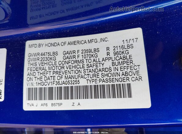 1HGCV1F36JA053255 2018 HONDA ACCORD Blue 