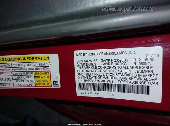 1HGCV1F36JA082982 2018 HONDA ACCORD Red Շարժիչի բաժամունքի տեսք