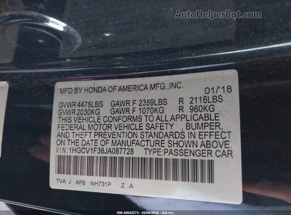 1HGCV1F36JA087728 2018 HONDA ACCORD Black 