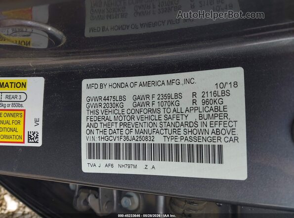 1HGCV1F36JA250832 2018 HONDA ACCORD Gray Շարժիչի բաժամունքի տեսք