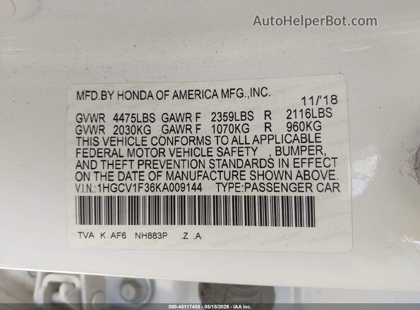 1HGCV1F36KA009144 2019 HONDA ACCORD Белый Вид подкапотного пространства