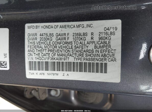 1HGCV1F36KA081977 2019 HONDA ACCORD Gray 