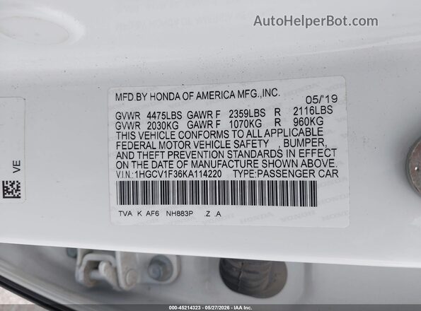 1HGCV1F36KA114220 2019 HONDA ACCORD White Engine compartment view