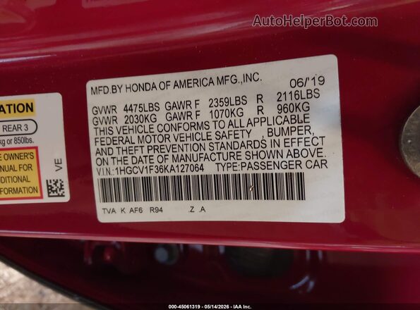1HGCV1F36KA127064 2019 HONDA ACCORD Red Vista del compartimento del motor