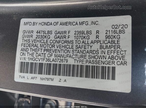 1HGCV1F36LA072679 2020 HONDA ACCORD Gray Vista del compartimento del motor