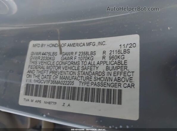 1HGCV1F36MA022205 2021 HONDA ACCORD Серый Вид подкапотного пространства