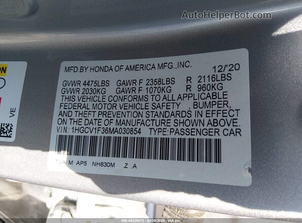 1HGCV1F36MA030854 2021 HONDA ACCORD Silver Engine compartment view