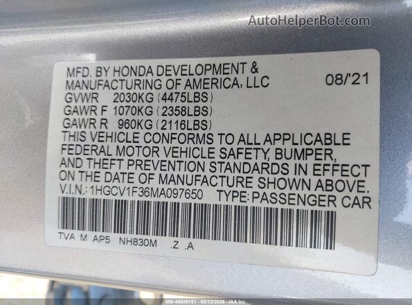 1HGCV1F36MA097650 2021 HONDA ACCORD Серый Вид подкапотного пространства