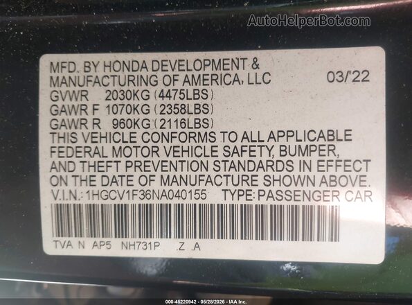 1HGCV1F36NA040155 2022 HONDA ACCORD Black 