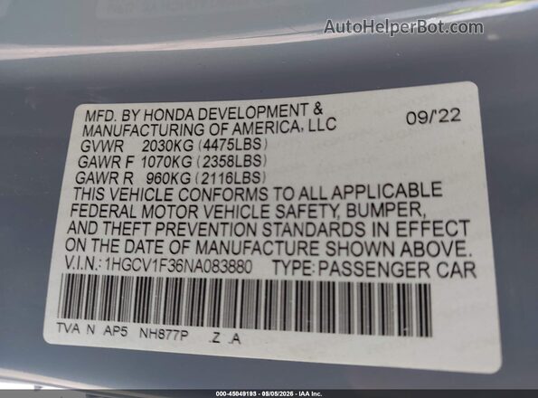 1HGCV1F36NA083880 2022 HONDA ACCORD Серый Вид подкапотного пространства