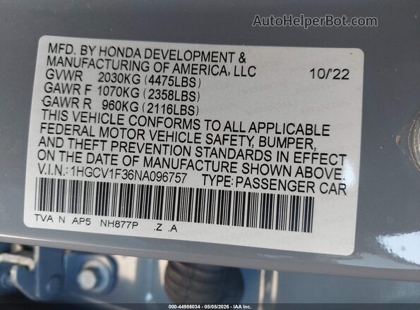 1HGCV1F36NA096757 2022 HONDA ACCORD Серый Вид подкапотного пространства