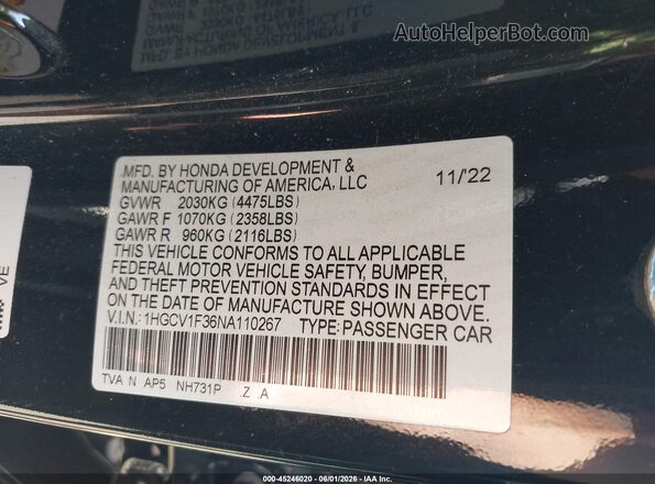1HGCV1F36NA110267 2022 HONDA ACCORD Черный Вид подкапотного пространства