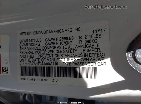 1HGCV1F37JA043110 2018 HONDA ACCORD White 