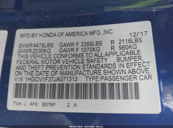 1HGCV1F37JA071313 2018 HONDA ACCORD Blue Widok komory silnika