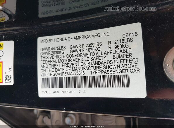 1HGCV1F37JA225616 2018 HONDA ACCORD Black Вид підкапотного простору