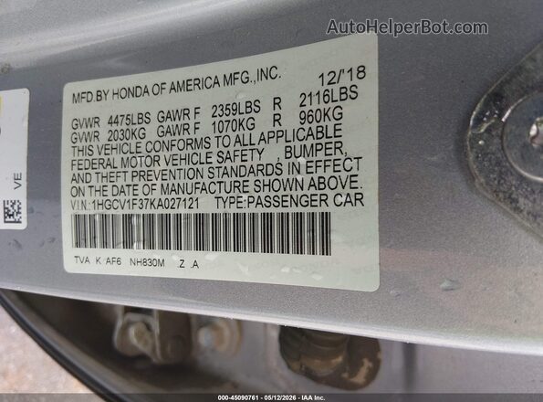 1HGCV1F37KA027121 2019 HONDA ACCORD Gray Vista del compartimento del motor