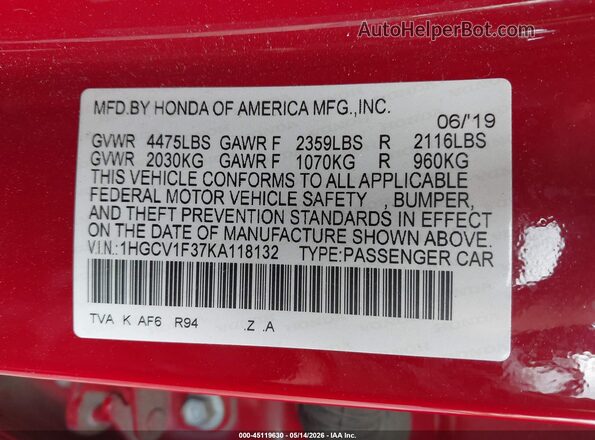 1HGCV1F37KA118132 2019 HONDA ACCORD Красный Вид подкапотного пространства