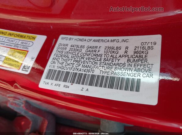 1HGCV1F37KA143970 2019 HONDA ACCORD Red 