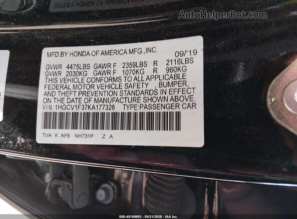 1HGCV1F37KA177326 2019 HONDA ACCORD Черный Вид подкапотного пространства
