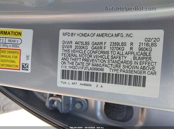 1HGCV1F37LA069046 2020 HONDA ACCORD Silver Engine compartment view