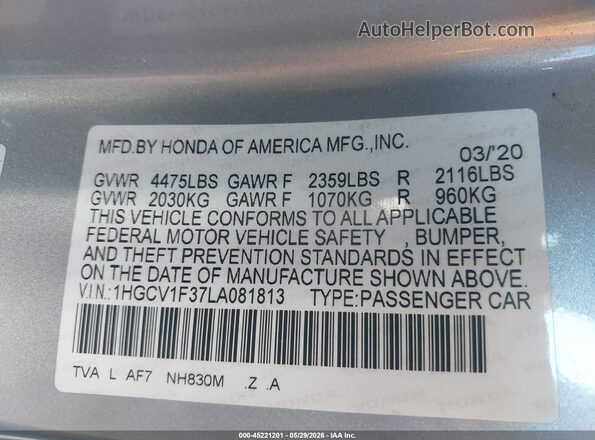 1HGCV1F37LA081813 2020 HONDA ACCORD Gray ძრავის განყოფილების ხედი