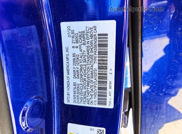 1HGCV1F37LA103731 2020 HONDA ACCORD Blue Engine compartment view