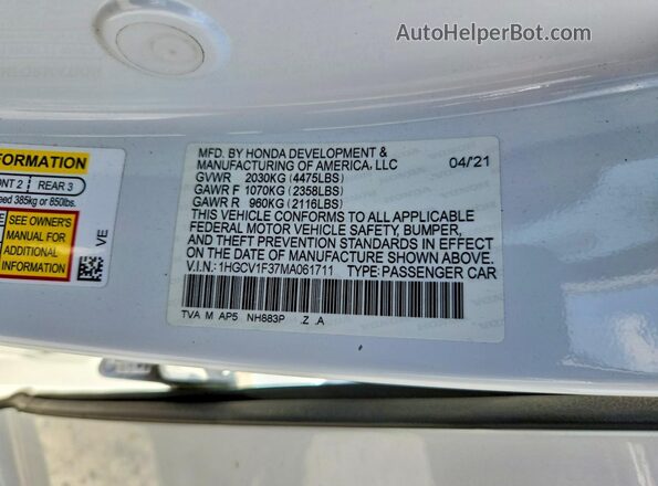 1HGCV1F37MA061711 2021 HONDA ACCORD White 