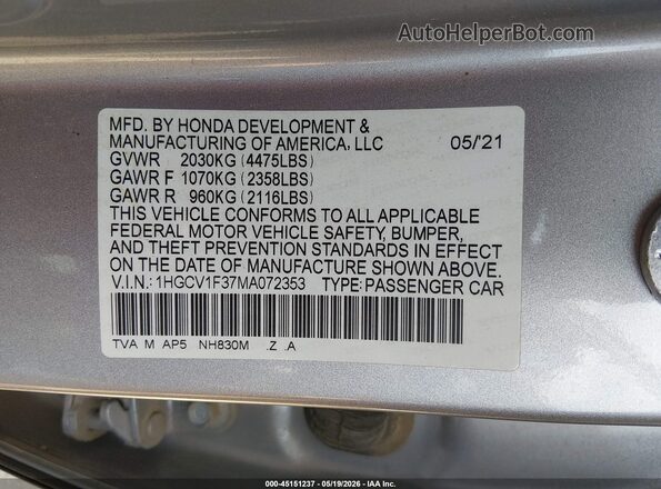 1HGCV1F37MA072353 2021 HONDA ACCORD Silver Շարժիչի բաժամունքի տեսք
