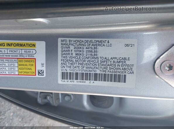 1HGCV1F37MA084793 2021 HONDA ACCORD Gray Vista del compartimento del motor