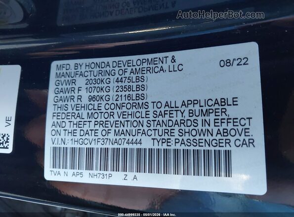 1HGCV1F37NA074444 2022 HONDA ACCORD Black Вид підкапотного простору