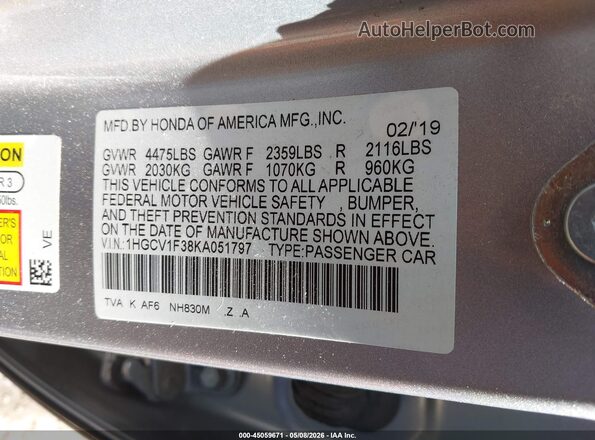 1HGCV1F38KA051797 2019 HONDA ACCORD Silver Вид підкапотного простору