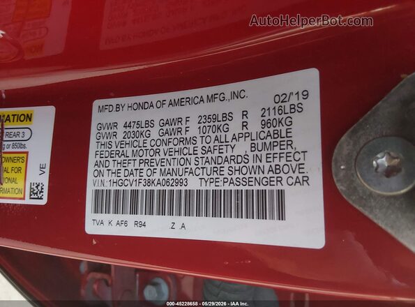 1HGCV1F38KA062993 2019 HONDA ACCORD Red ძრავის განყოფილების ხედი