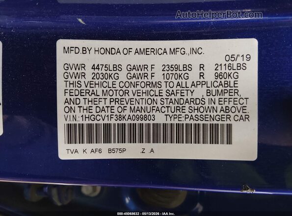 1HGCV1F38KA099803 2019 HONDA ACCORD Blue Engine compartment view