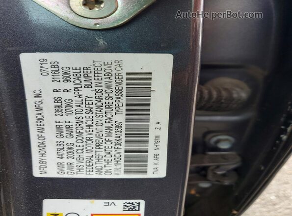 1HGCV1F38KA135697 2019 HONDA ACCORD Charcoal 