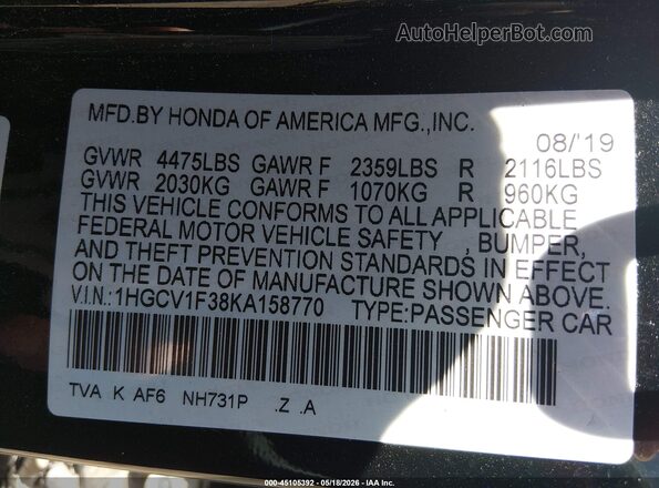 1HGCV1F38KA158770 2019 HONDA ACCORD Black Вид підкапотного простору