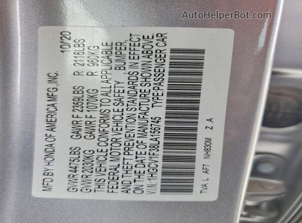 1HGCV1F38LA156745 2020 HONDA ACCORD Silver Engine compartment view