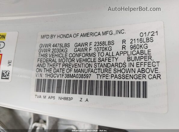 1HGCV1F38MA038597 2021 HONDA ACCORD White Շարժիչի բաժամունքի տեսք