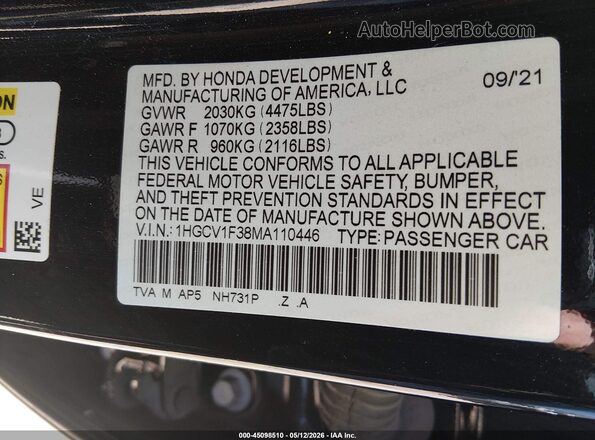 1HGCV1F38MA110446 2021 HONDA ACCORD Black Vista del compartimento del motor
