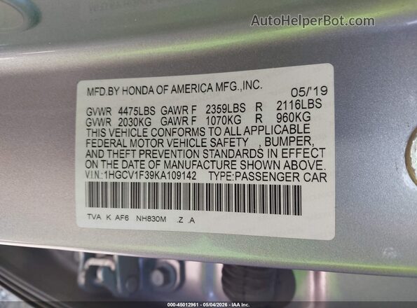 1HGCV1F39KA109142 2019 HONDA ACCORD Silver Engine compartment view