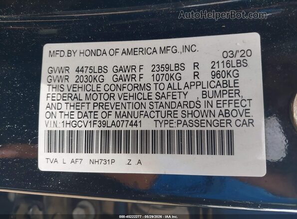 1HGCV1F39LA077441 2020 HONDA ACCORD Black Widok komory silnika